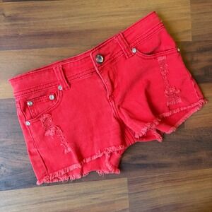 Y2k Red Distressed Denim Shorts Rhinestone Studded Raw Hem Festival Kesha Summer